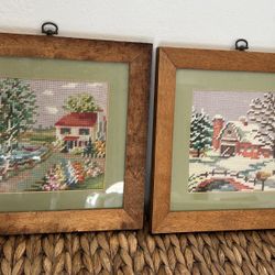 Vintage Lot 2- Embroidered Needlepoint  Finished Textile Wood Framed Wall Art Artwork Handcrafted Mid Century Retro Collectible 