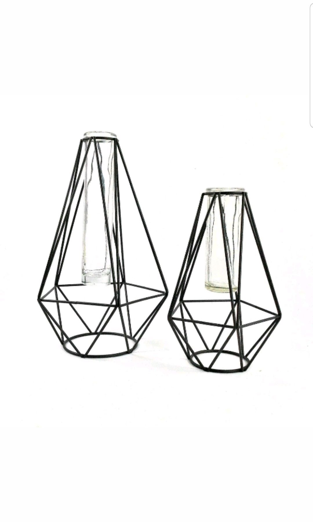 Two Geometric Black Metal and Clear Glass Bud Vases