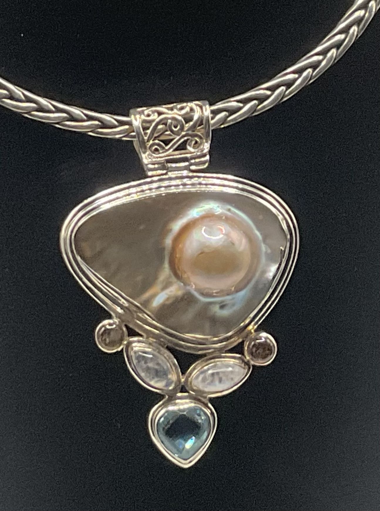 Sterling Silver Pendant w/Blister Pearl, Topaz, Moonstone & Amethyst