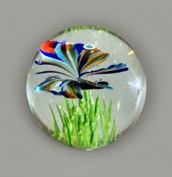 Dynasty Gallery Handmade Art Glass Butterfly Paperweight Green Base