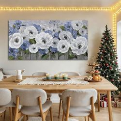 Mofutinpo Large Canvas Wall Art for Living Room, Blue and White Textured Floral Wall Art, Flower Wall Pictures and Paintings