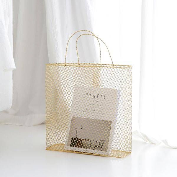 Gold Modern Metal Magazine Rack With Handle For Bedroom In Metal