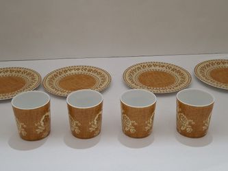 Porcelain Pierre Frey 4 Cups And Plates For Espresso made In France