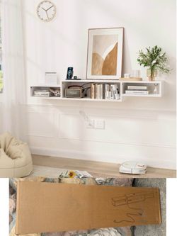 100% Brand New in box 59” White Floating TV Stand With LED and Power Station,Storage Shelving