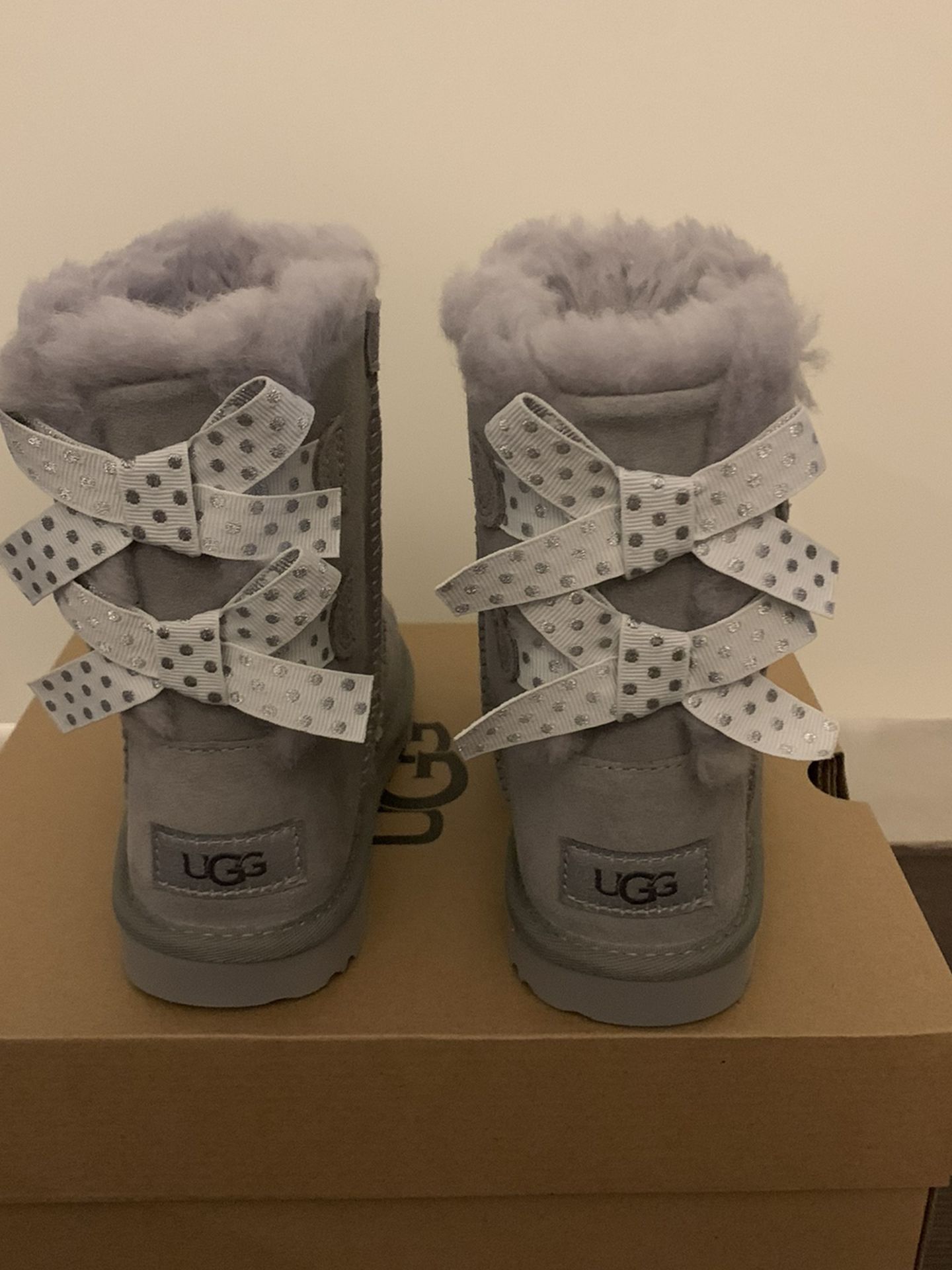 100% Authentic Brand New in Box UGG Bailey Bow Polka Boots / Color: Grey / Toddler size 7 and 11