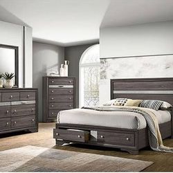Brand New Gray Queen Storage Bedframe + Dresser + Mirror + Nightstand 4PCs Set