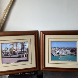 Two Set Antique Art Framed By " Gallery Art 16th Anniversary " 1. 1  is a  European city in the middle of the Ocean: 1 is A Parked Boat /store