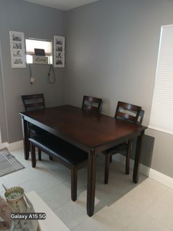 Dining wood table with 3 chair and bench