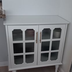 Vintage Style Wood Cabinet Cupboard Sideboard With Ribbed Glass Doors