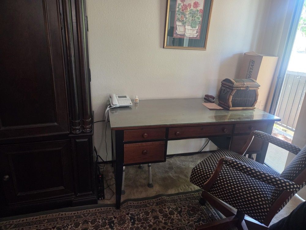 Wooden Desk/ Glass Top With Chair