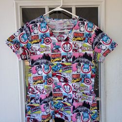 Marvel Avengers Scrub Top Women’s XS White Comics Shirt