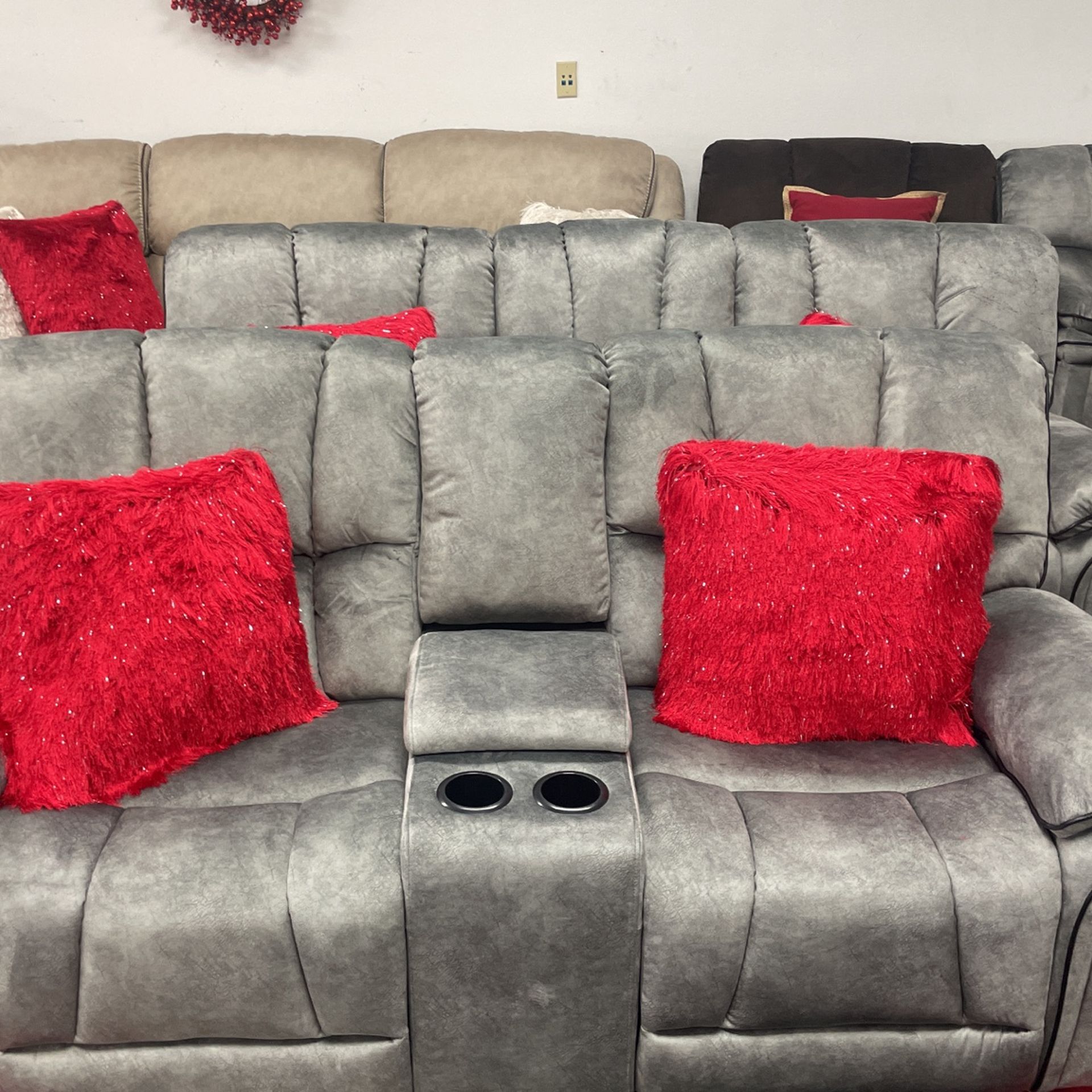 Gray Velvet Reclining Sofa And Loveseat