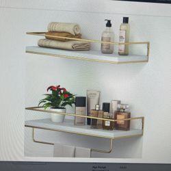 White, Floating Shelves Set Of Two With Golden Racks