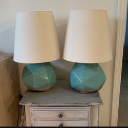 Pair of Arteriors Designer Ceramic Table Lamps – Aqua Crackle Glaze