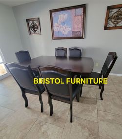 🪙 Dining Set 7 Pcs, Espresso Finish, Wood Solid, Black Leather, New in the Box.
