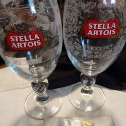 Stella Artois Vtg Etched Gold Rimmed Beer Glasses Set of 2 Plus Tile Coaster