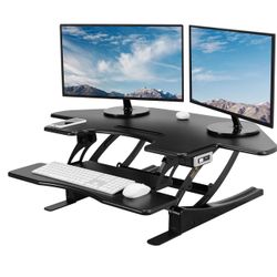 VIVO 43 inch Corner Electric Height Adjustable Stand Up Desk Converter, VE Series, Sit to Stand Tabletop Dual Monitor Riser with USB Port, Bla