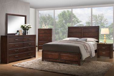 Brand new brown queen bed frame + dresser + mirror + nightstand