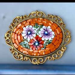 Vintage Italian Micro Mosaic Floral Brooch Orange Gold Tone 2"