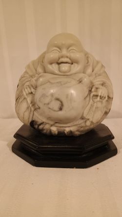 Laughing Buddha Figurine on Wood Base
