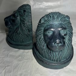Vintage Pair of Resin/Composite Lion Head Bookends - Nice Patina Look - Heavy