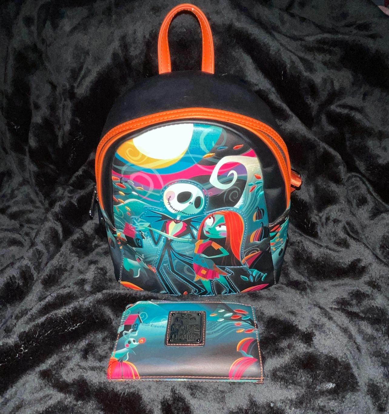 Nightmare Before Christmas Jack and Sally Loungefly Mini Backpack With Matching Wallet