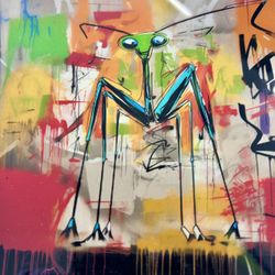 Original Unique Acrylic Paint Street Art piece of colorful, abstract, street-art style artwork featuring a stylized insect (likely a praying mantis). 