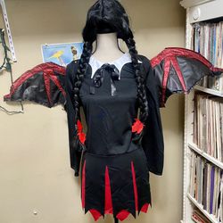 VERY BAT GIRL Teen Size Dress Wings Wig & Doll Wednesday Adams Halloween Costume