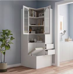 Corner Bookcase with Ribbed Glass Double Doors and Two Drawers