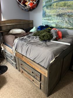 Rustic Wood Captain's Bed with Storage Drawers