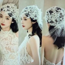 Bridal Lace Cap Veil with Floral Appliqué handmaid