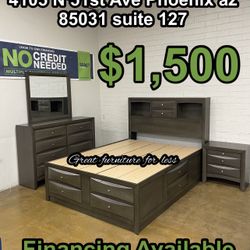 Queen Size Captain Bedroom Set Gray Include Bed Frame Dresser Mirror And Nightstand Brand New