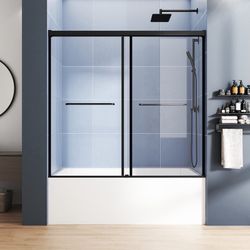 New Bathtub Sliding Door 55"-60"W x 56"H Semi-Frameless Tempered Glass with Explosion-Proof Film Stainless Steel Matte Black F05B60P-FSK250820  New in