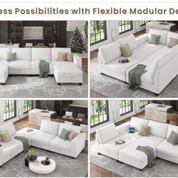 🟢 White L-Shaped Couch with USB+Type-C Ports,