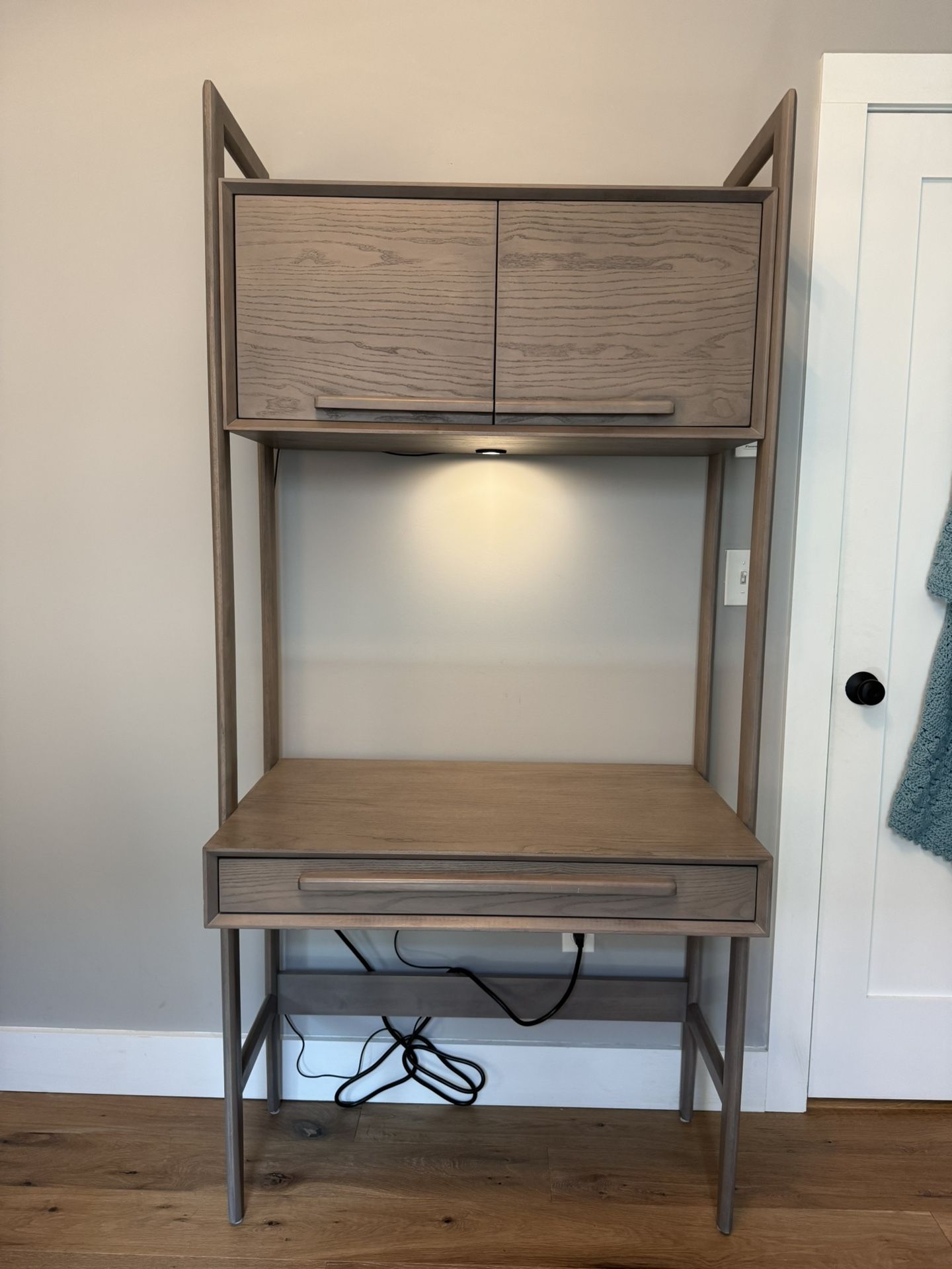 Crate&Barrell Tate Stone Grey Bookcase Desk with Power Outlet&USB and puck light