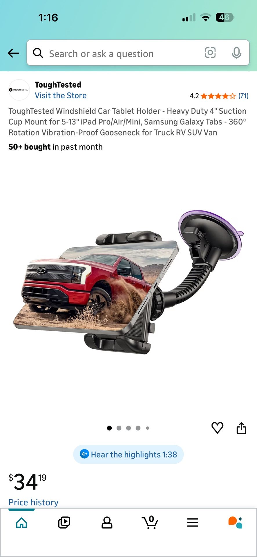 ToughTested Windshield Car Tablet Holder - Heavy Duty 4" Suction Cup Mount for 5-13" iPad Pro/Air/Mini, Samsung Galaxy Tabs - 360° Rotation Vibration-