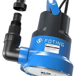 FOTING 1/2HP Submersible Water Pump with Stainless Steel Base - Removes Water to 0.04" Depth, 2450GPH Portable Sump Pump for Puddles, Pools, Boats, Ga