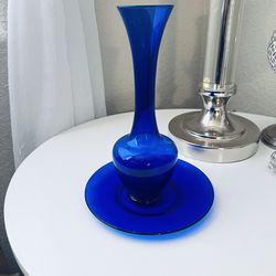 Vintage Cobalt Blue Glass Flower Bud Vase & Saucer