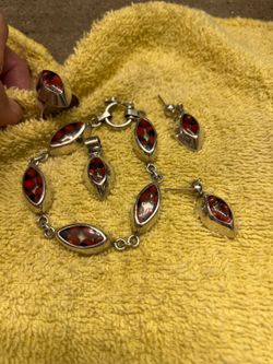 Bracelet and earrings and ring silver and red