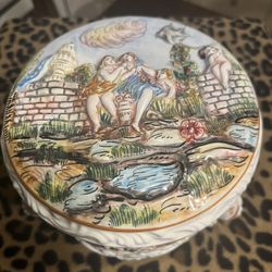 Capodimonte Footed Covered Candy Dish With Cherubs And Hand Painted Details 