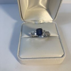 NIB emerald cut  created sapphire ring, Sterling Silver