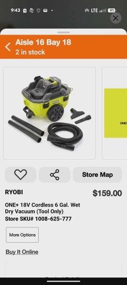 RYOBI ONE+ 18V Cordless 6 Gal. Wet/Dry Vacuum (Tool Only) – Used