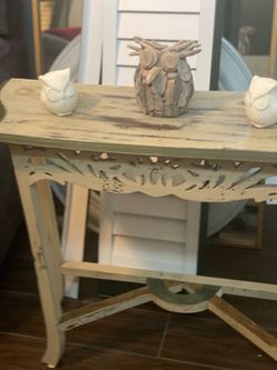 Distressed Wood  Ornate Console Table with Carved Apron