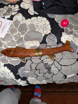 Vintage Wood & Brass Fish Carving Set Meat Fork & Carving Knife Tiki Room BBQ