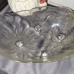 Footed Clear Pressed Glass Centerpiece Bowl 11"×8" Oblong Poppy Flower Design