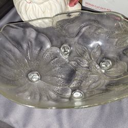 Footed Clear Pressed Glass Centerpiece Bowl 11"×8" Oblong Poppy Flower Design