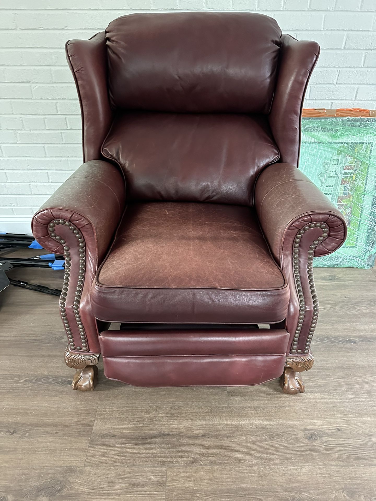 Vintage Leather Recliner With Ball And Claw Legs. 