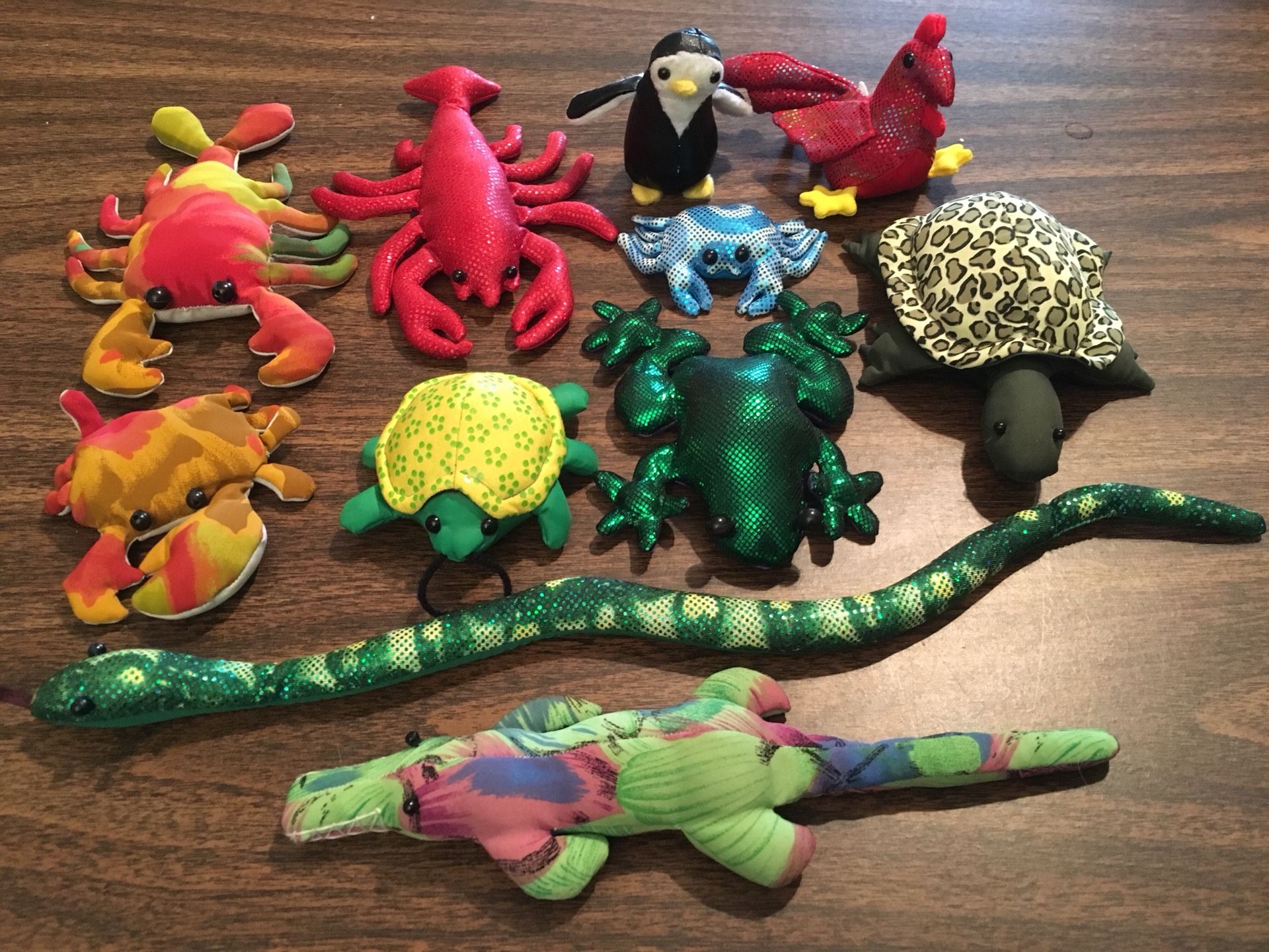 SAND FILLED ANIMALS Glitter Metallic Stuffed Toy Snake Turtle Frog Alligator Crocodile Crab Lobster Beetle Penguin Bird Chicken