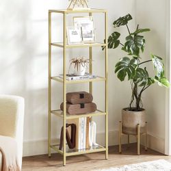 Bookcase, 5-Tier Bookshelf, Slim Shelving Unit for Bedroom, Bathroom, Home Office, Tempered Glass, Steel Frame, Metallic Gold ULGT029A01