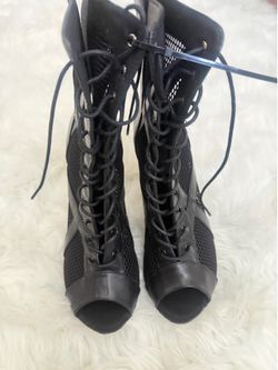 Black Lace-Up Mesh Peep-Toe Heeled Boots